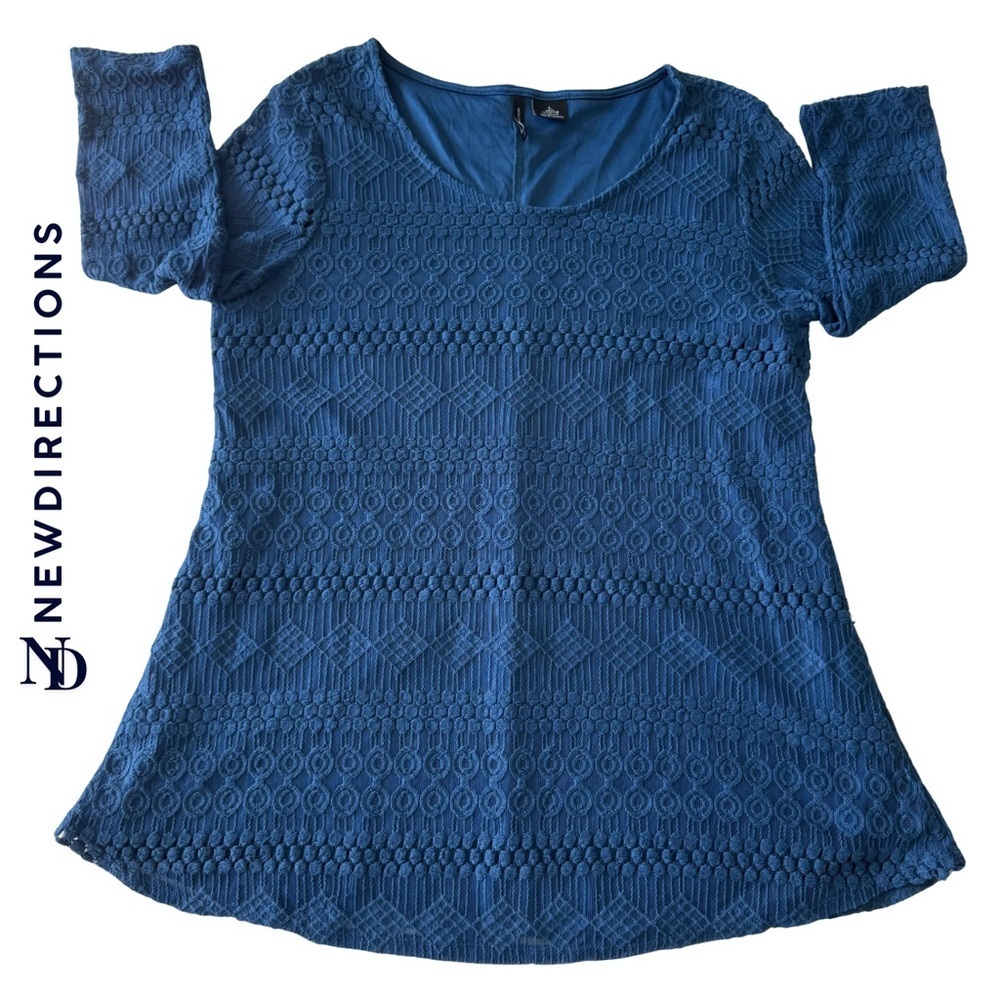 New Directions Teal Crochet Knit Boho Top Size L Tunic Blouse 3/4 Sleeves Flared